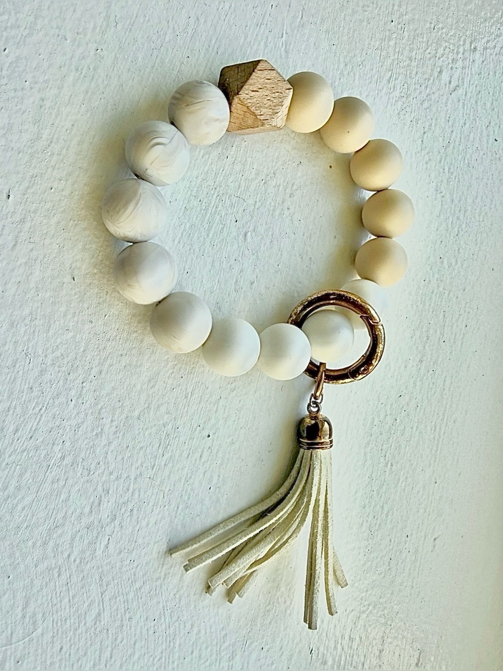 Beaded Tassel Keyring Bracelet in Cream and Beige